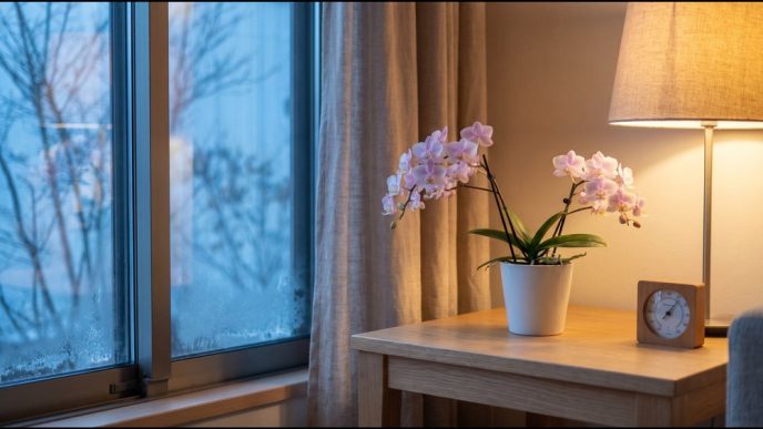 冬の夕暮れ、冷えた窓辺から離れた部屋のテーブルに置かれたミディ胡蝶蘭